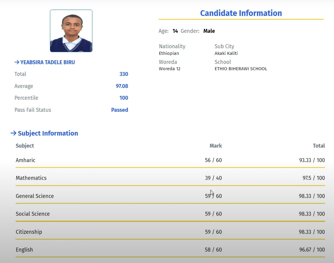 Ministry Result Grade 8 2024 (2016) Ethiopian Education Ministry Exam